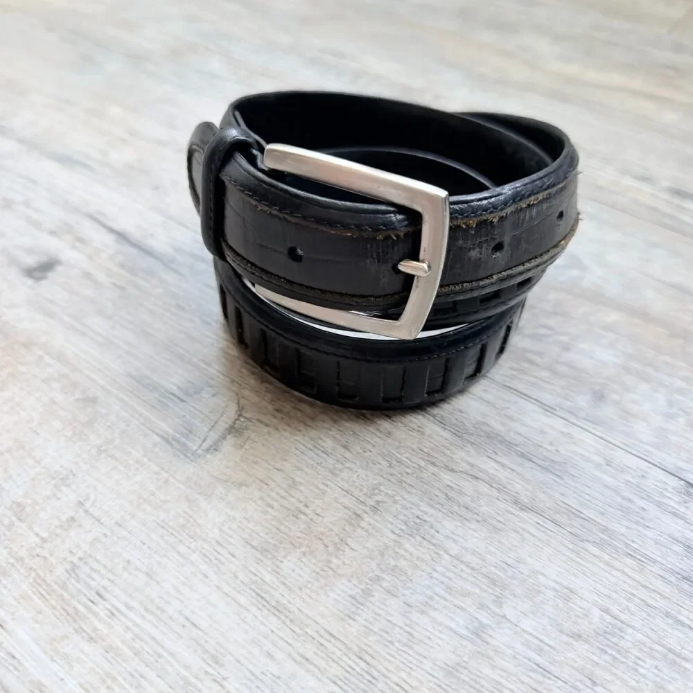 Vintage Black Genuine Leather Belt Textured Inlay Silver Buckle Size 36
